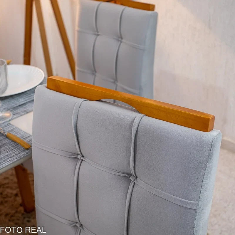 Mesa de Jantar Bali 160×80 Vidro Off/Base Madeira + 6 Cad. Londres Veludo Prata Madeira Minas Plac – Entregue Montada