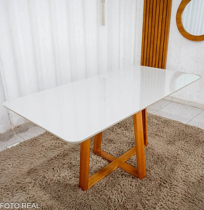 Mesa de Jantar Bali 160×80 Vidro Off/Base Madeira + 6 Cad. Londres Veludo Prata Madeira Minas Plac – Entregue Montada
