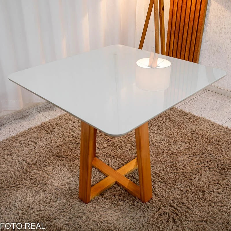Mesa de Jantar Bali 90×90 Vidro Off/Base Madeira Minas Plac – Entregue Montada
