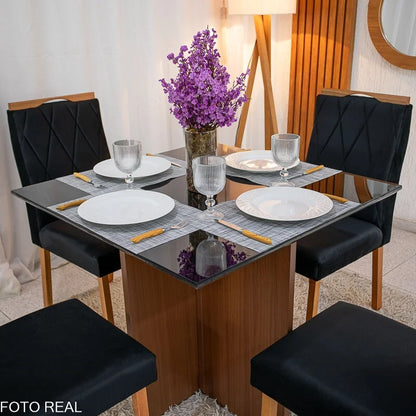 Mesa de Jantar Helo 90×90 Vidro Preto/Base Mel Poliman + 4 Cad. Lisboa Veludo Preto 504 Madeira – Art Assento