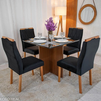 Mesa de Jantar Helo 90×90 Vidro Preto/Base Mel Poliman + 4 Cad. Lisboa Veludo Preto 504 Madeira – Art Assento