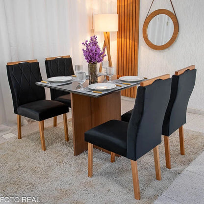 Mesa de Jantar Helo 90×90 Vidro Preto/Base Mel Poliman + 4 Cad. Lisboa Veludo Preto 504 Madeira – Art Assento