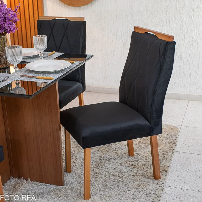 Mesa de Jantar Helo 90×90 Vidro Preto/Base Mel Poliman + 4 Cad. Lisboa Veludo Preto 504 Madeira – Art Assento