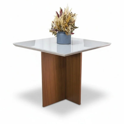 Mesa de Jantar Helo 90×90 Vidro Off/Base Mel – Poliman