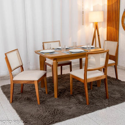 Mesa de Jantar Londrina 120×80 Cinamomo Rufato + 4 Cad. Dubai Linho Bege Madeira – Art Assento