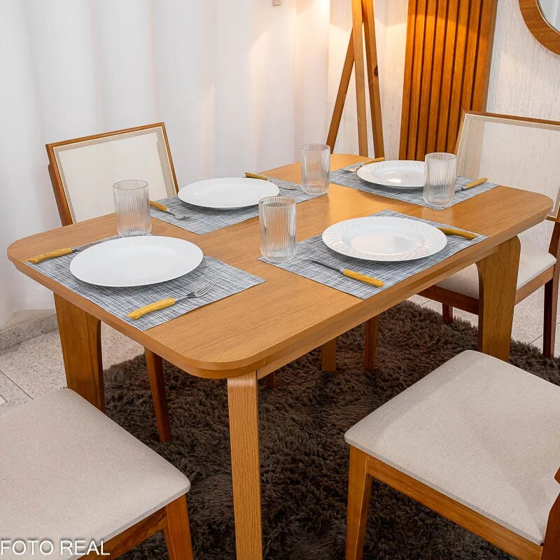 Mesa de Jantar Londrina 120×80 Cinamomo Rufato + 4 Cad. Dubai Linho Bege Madeira – Art Assento