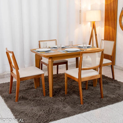 Mesa de Jantar Londrina 120×80 Cinamomo Rufato + 4 Cad. Dubai Linho Bege Madeira – Art Assento