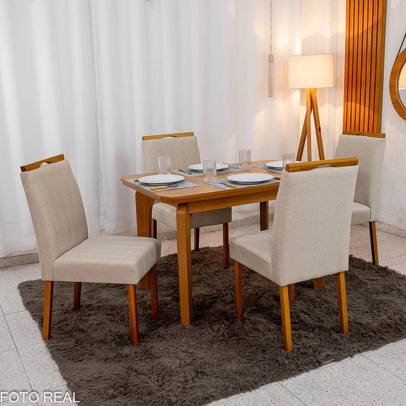 Mesa de Jantar Londrina 120×80 Cinamomo Rufato + 4 Cad. Isabela Linho Bege 01 Madeira – KM Decor