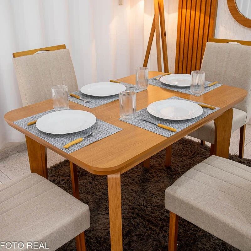 Mesa de Jantar Londrina 120×80 Cinamomo Rufato + 4 Cad. Isabela Linho Bege 01 Madeira – KM Decor