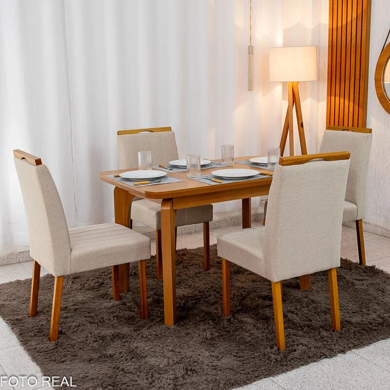 Mesa de Jantar Londrina 120×80 Cinamomo Rufato + 4 Cad. Isabela Linho Bege 01 Madeira – KM Decor