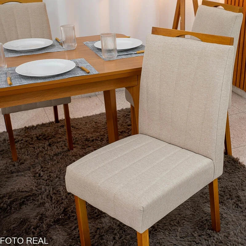 Mesa de Jantar Londrina 120×80 Cinamomo Rufato + 4 Cad. Isabela Linho Bege 01 Madeira – KM Decor