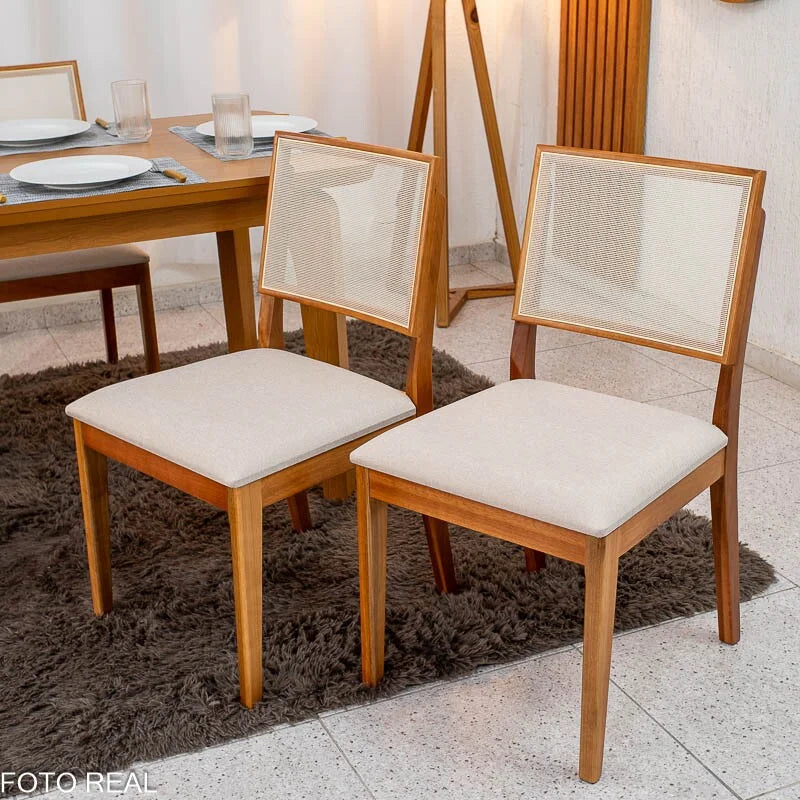 Mesa de Jantar Londrina 120×80 Cinamomo Rufato + 4 Cad. Dubai Linho Bege Madeira – Art Assento