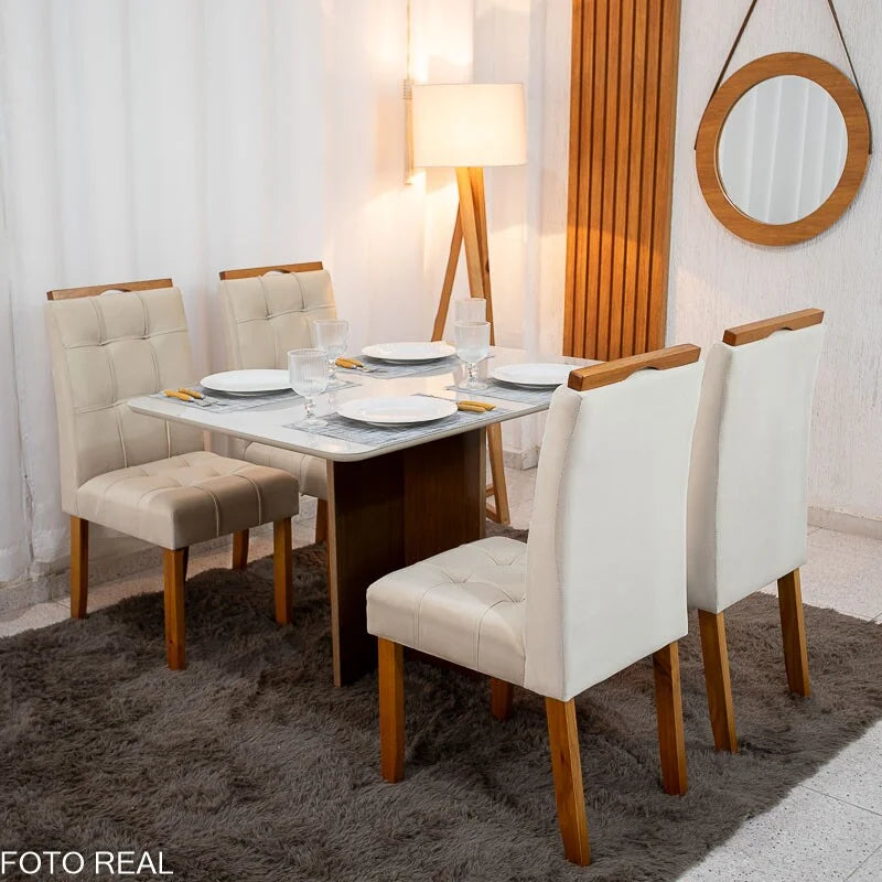 Mesa de Jantar Moscou 120×80 Cinamomo/Vidro Off + 4 Cad. Londres Veludo Avelã Madeira Maciça Minas Plac – Entregue Montada