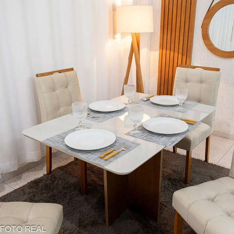 Mesa de Jantar Moscou 120×80 Cinamomo/Vidro Off + 4 Cad. Londres Veludo Avelã Madeira Maciça Minas Plac – Entregue Montada