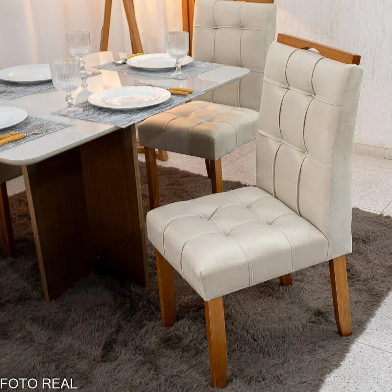 Mesa de Jantar Moscou 120×80 Cinamomo/Vidro Off + 4 Cad. Londres Veludo Avelã Madeira Maciça Minas Plac – Entregue Montada