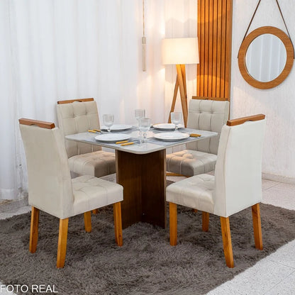 Mesa de Jantar Moscou 90×90 Vidro Off/Base Cinamomo + 4 Cad. Londres Veludo Avelã Madeira Minas Plac – Entregue Montada