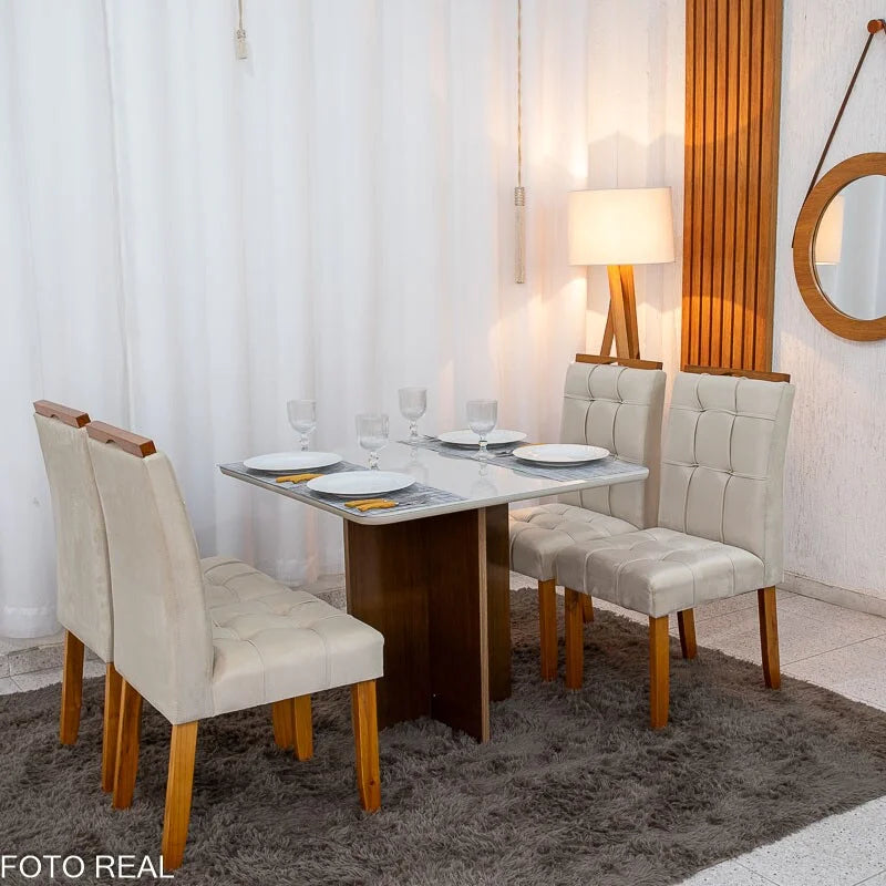 Mesa de Jantar Moscou 90×90 Vidro Off/Base Cinamomo + 4 Cad. Londres Veludo Avelã Madeira Minas Plac – Entregue Montada
