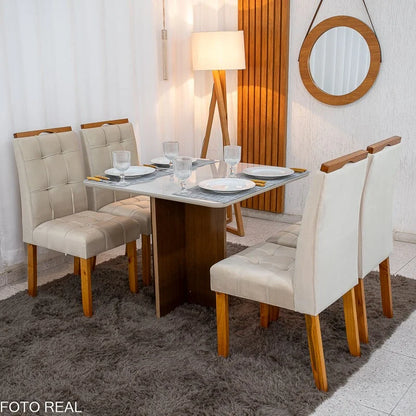 Mesa de Jantar Moscou 90×90 Vidro Off/Base Cinamomo + 4 Cad. Londres Veludo Avelã Madeira Minas Plac – Entregue Montada