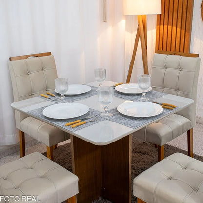 Mesa de Jantar Moscou 90×90 Vidro Off/Base Cinamomo + 4 Cad. Londres Veludo Avelã Madeira Minas Plac – Entregue Montada