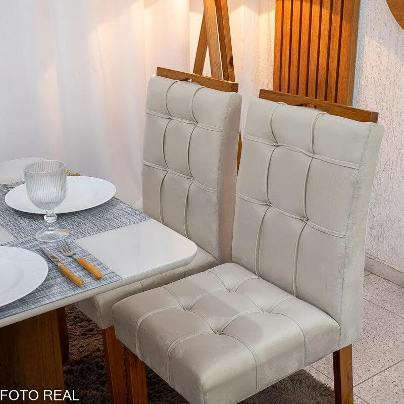 Mesa de Jantar Moscou 90×90 Vidro Off/Base Cinamomo + 4 Cad. Londres Veludo Avelã Madeira Minas Plac – Entregue Montada