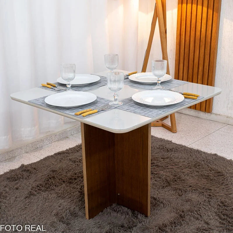 Mesa de Jantar Moscou 90×90 Vidro Off/Base Cinamomo + 4 Cad. Londres Veludo Avelã Madeira Minas Plac – Entregue Montada