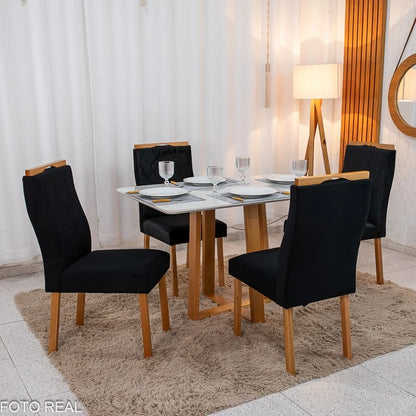 Mesa de Jantar Pedro 120×80 Vidro Off/Base Madeira + 4 Cad. Lisboa Veludo Preto 504 Madeira Art Assento – Entregue Montada