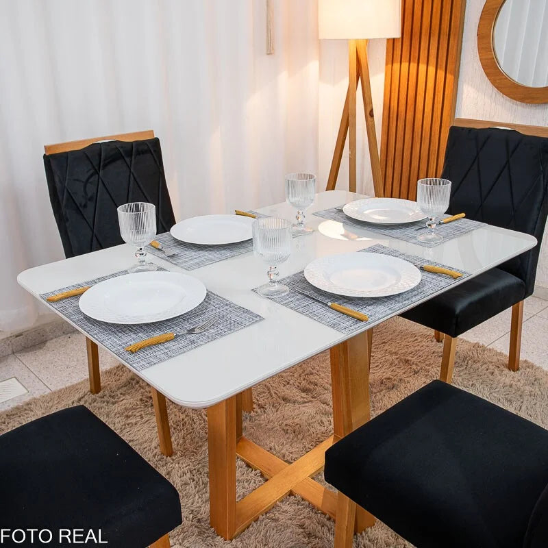 Mesa de Jantar Pedro 120×80 Vidro Off/Base Madeira + 4 Cad. Lisboa Veludo Preto 504 Madeira Art Assento – Entregue Montada