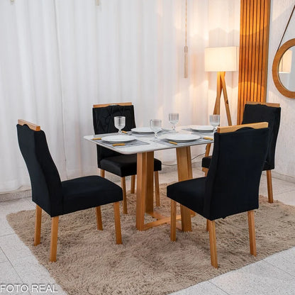 Mesa de Jantar Pedro 120×80 Vidro Off/Base Madeira + 4 Cad. Lisboa Veludo Preto 504 Madeira Art Assento – Entregue Montada