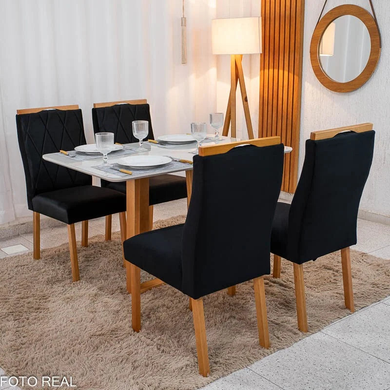 Mesa de Jantar Pedro 120×80 Vidro Off/Base Madeira + 4 Cad. Lisboa Veludo Preto 504 Madeira Art Assento – Entregue Montada