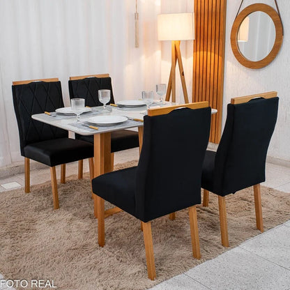 Mesa de Jantar Pedro 120×80 Vidro Off/Base Madeira + 4 Cad. Lisboa Veludo Preto 504 Madeira Art Assento – Entregue Montada