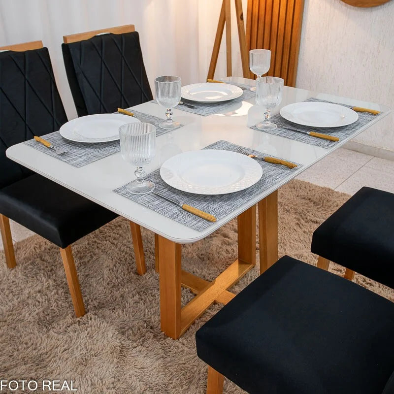 Mesa de Jantar Pedro 120×80 Vidro Off/Base Madeira + 4 Cad. Lisboa Veludo Preto 504 Madeira Art Assento – Entregue Montada