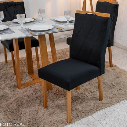 Mesa de Jantar Pedro 120×80 Vidro Off/Base Madeira + 4 Cad. Lisboa Veludo Preto 504 Madeira Art Assento – Entregue Montada
