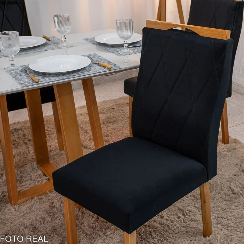 Mesa de Jantar Pedro 120×80 Vidro Off/Base Madeira + 4 Cad. Lisboa Veludo Preto 504 Madeira Art Assento – Entregue Montada