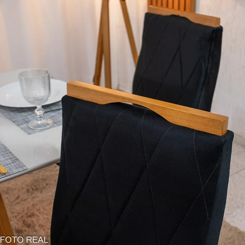 Mesa de Jantar Pedro 120×80 Vidro Off/Base Madeira + 4 Cad. Lisboa Veludo Preto 504 Madeira Art Assento – Entregue Montada