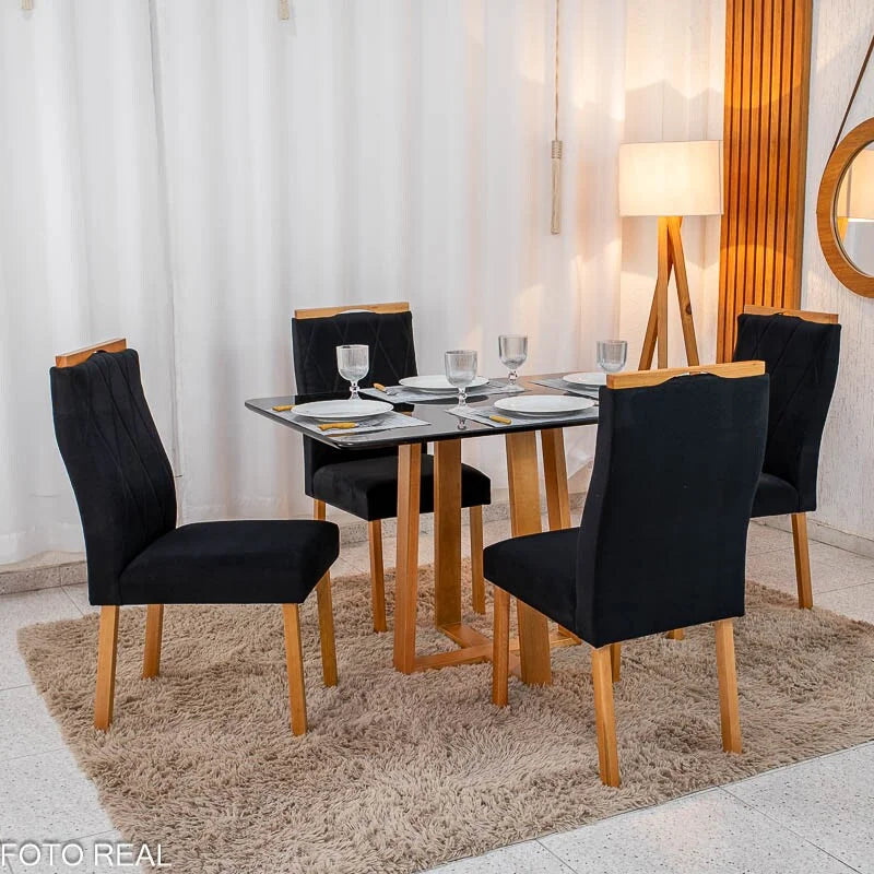 Mesa de Jantar Pedro 120×80 Vidro Preto/Base madeira + 4 Cad. Lisboa Veludo Preto 504 Madeira Art Assento – Entregue Montada