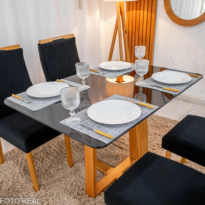 Mesa de Jantar Pedro 120×80 Vidro Preto/Base madeira + 4 Cad. Lisboa Veludo Preto 504 Madeira Art Assento – Entregue Montada