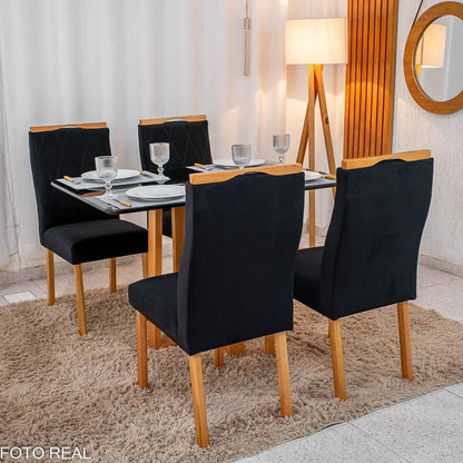 Mesa de Jantar Pedro 120×80 Vidro Preto/Base madeira + 4 Cad. Lisboa Veludo Preto 504 Madeira Art Assento – Entregue Montada