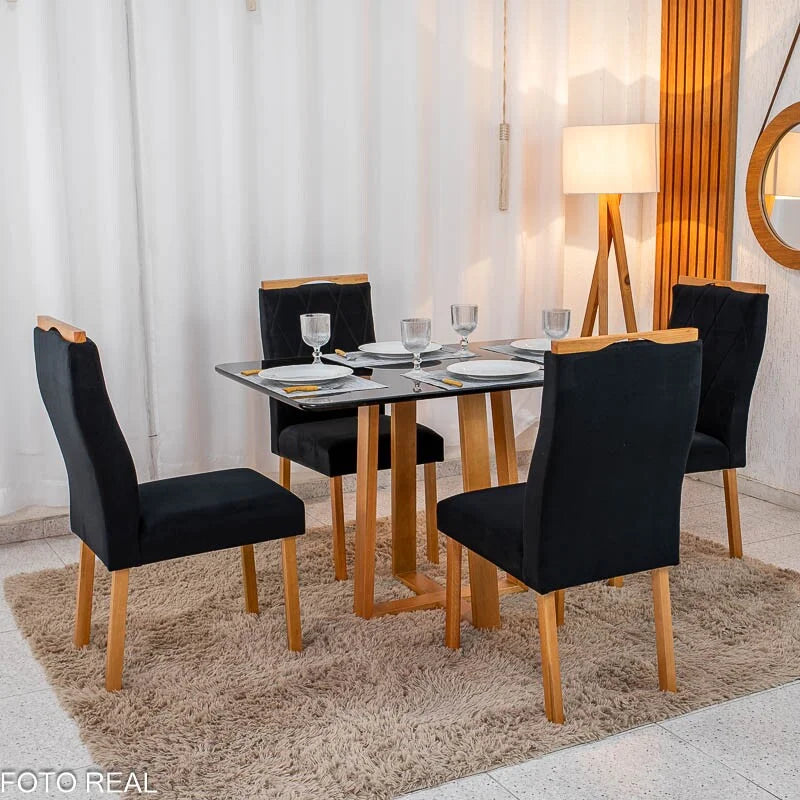 Mesa de Jantar Pedro 120×80 Vidro Preto/Base madeira + 4 Cad. Lisboa Veludo Preto 504 Madeira Art Assento – Entregue Montada