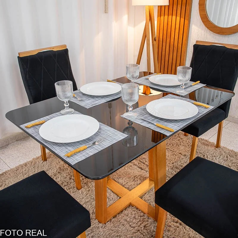 Mesa de Jantar Pedro 120×80 Vidro Preto/Base madeira + 4 Cad. Lisboa Veludo Preto 504 Madeira Art Assento – Entregue Montada