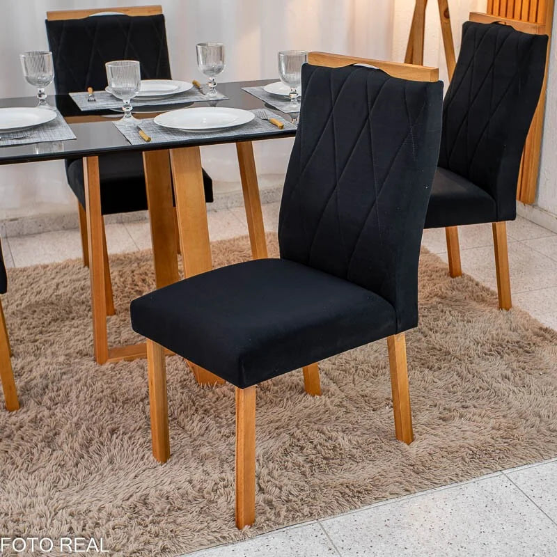 Mesa de Jantar Pedro 120×80 Vidro Preto/Base madeira + 4 Cad. Lisboa Veludo Preto 504 Madeira Art Assento – Entregue Montada