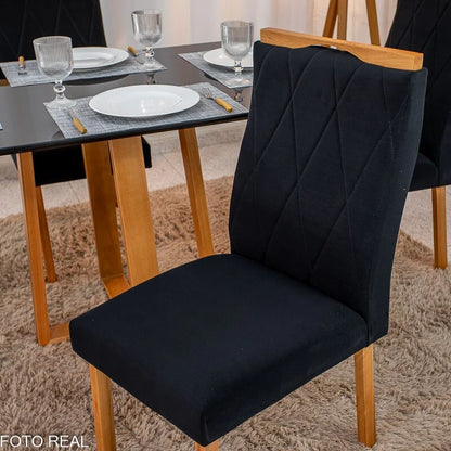 Mesa de Jantar Pedro 120×80 Vidro Preto/Base madeira + 4 Cad. Lisboa Veludo Preto 504 Madeira Art Assento – Entregue Montada