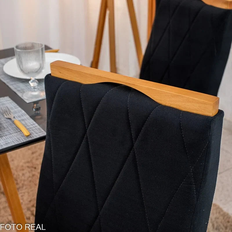 Mesa de Jantar Pedro 120×80 Vidro Preto/Base madeira + 4 Cad. Lisboa Veludo Preto 504 Madeira Art Assento – Entregue Montada