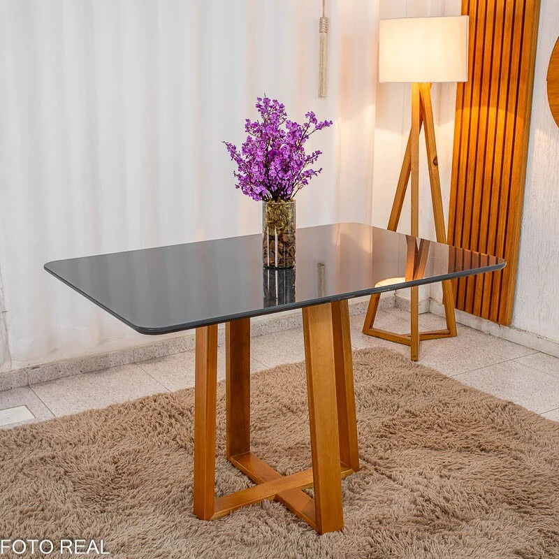 Mesa de Jantar Pedro 120×80 Vidro Grafite/Base Madeira Art Assento – Entregue Montada