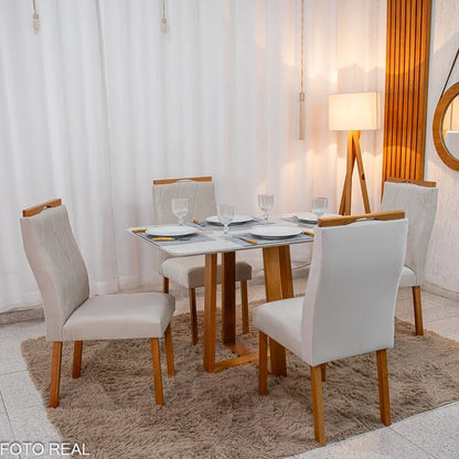 Mesa de Jantar Pedro 120×80 Vidro Off/Base Madeira + 4 Cad. Lisboa Veludo Bege 512 Madeira Art Assento – Entregue Montada