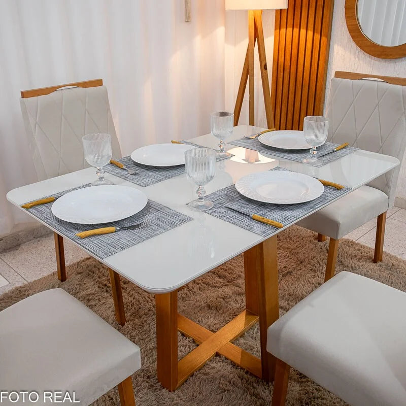 Mesa de Jantar Pedro 120×80 Vidro Off/Base Madeira + 4 Cad. Lisboa Veludo Bege 512 Madeira Art Assento – Entregue Montada
