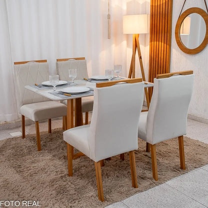 Mesa de Jantar Pedro 120×80 Vidro Off/Base Madeira + 4 Cad. Lisboa Veludo Bege 512 Madeira Art Assento – Entregue Montada