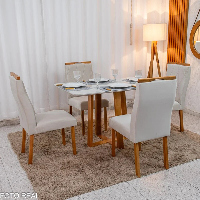 Mesa de Jantar Pedro 120×80 Vidro Off/Base Madeira + 4 Cad. Lisboa Veludo Bege 512 Madeira Art Assento – Entregue Montada