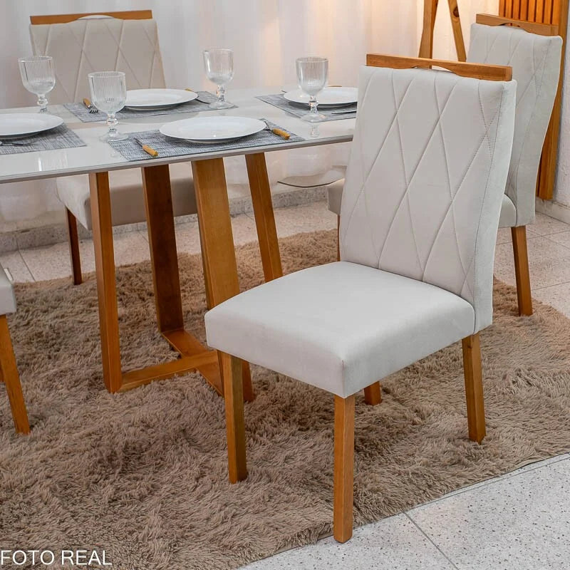 Mesa de Jantar Pedro 120×80 Vidro Off/Base Madeira + 4 Cad. Lisboa Veludo Bege 512 Madeira Art Assento – Entregue Montada
