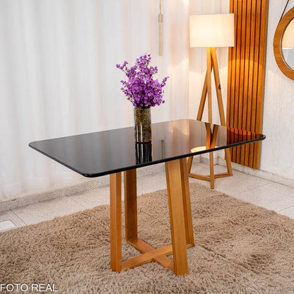 Mesa de Jantar Pedro 120×80 Vidro Preto/Base madeira + 4 Cad. Lisboa Veludo Preto 504 Madeira Art Assento – Entregue Montada