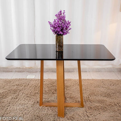 Mesa de Jantar Pedro 120×80 Vidro Preto/Base madeira + 4 Cad. Lisboa Veludo Preto 504 Madeira Art Assento – Entregue Montada